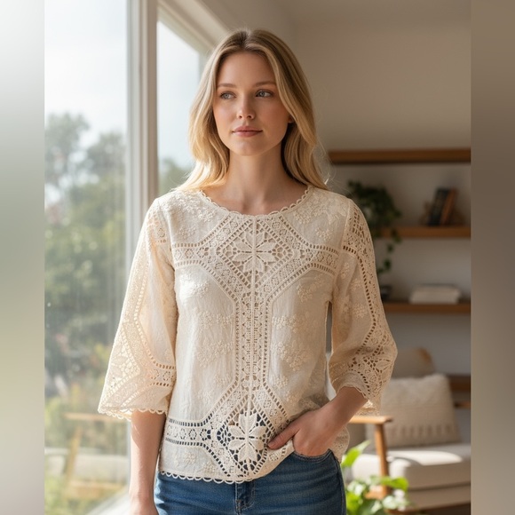 Coco & Jaimeson Ivory Embroidered Crocheted Sheer Top - Picture 1 of 6
